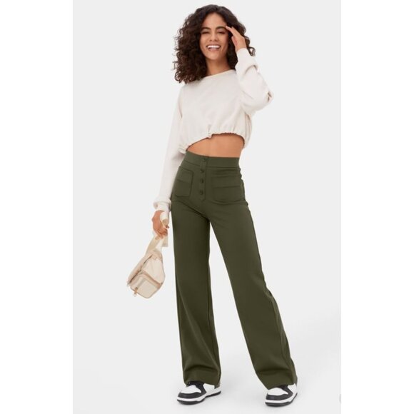 Halara High Waisted Straight Leg Sz Small Tall Womens Green Button Multi Pockets - Picture 9 of 14